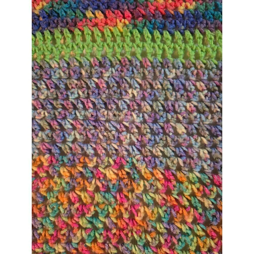 Vintage Handmade Colorful Space Dye Afghan Knit Crochet Throw Blanket Cottage Gr